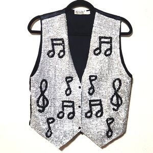 Vintage Hurry Up Sequined Music Notes Silver & Black Vest Unisex Size Medium